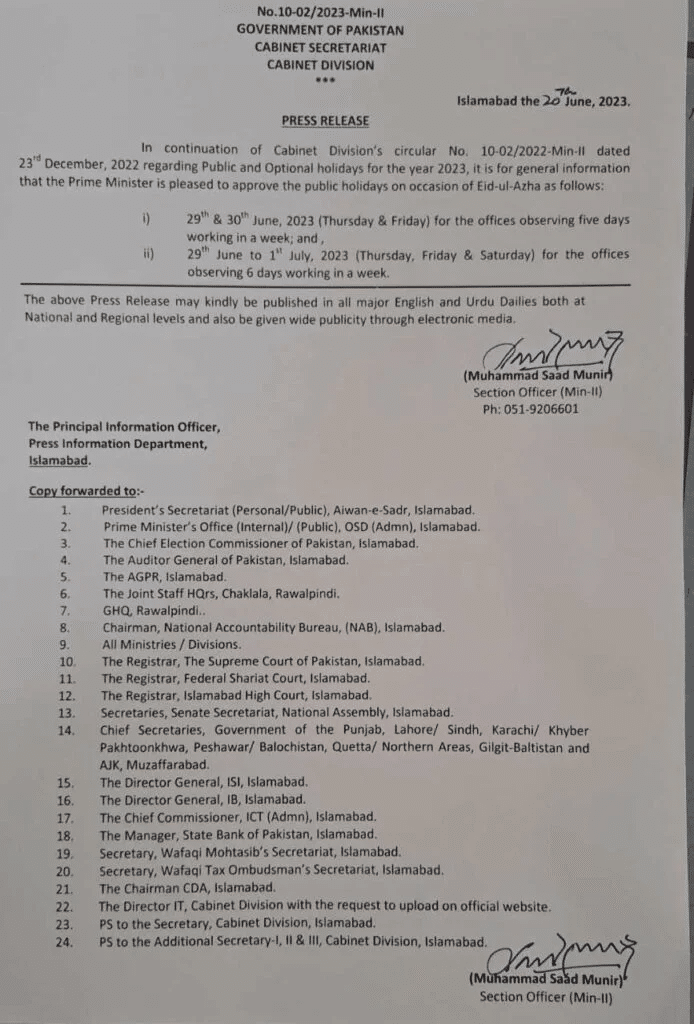 eid ul adha 2023 pakistan holidays notification